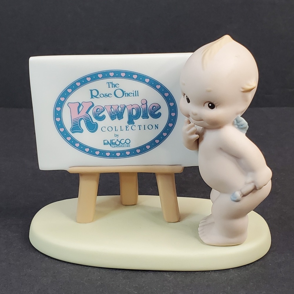 Vintage 1991 Enesco Kewpie Rose O'Neill Sign Bisque Blue Wing Cherub Figurine